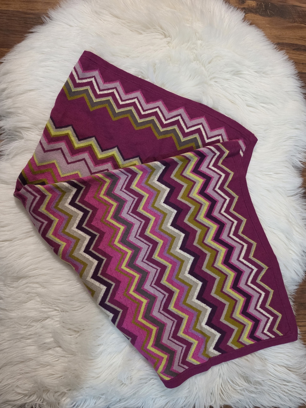 Missoni Kids Zigzag Knit Blanket in Magenta, Pink, Olive, Gray